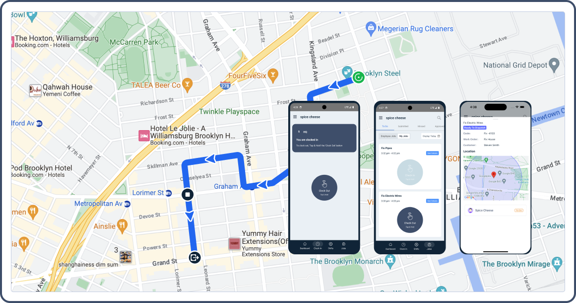  A map with a marked route and three mobile screens showing a job tracking and clock-in app interface.