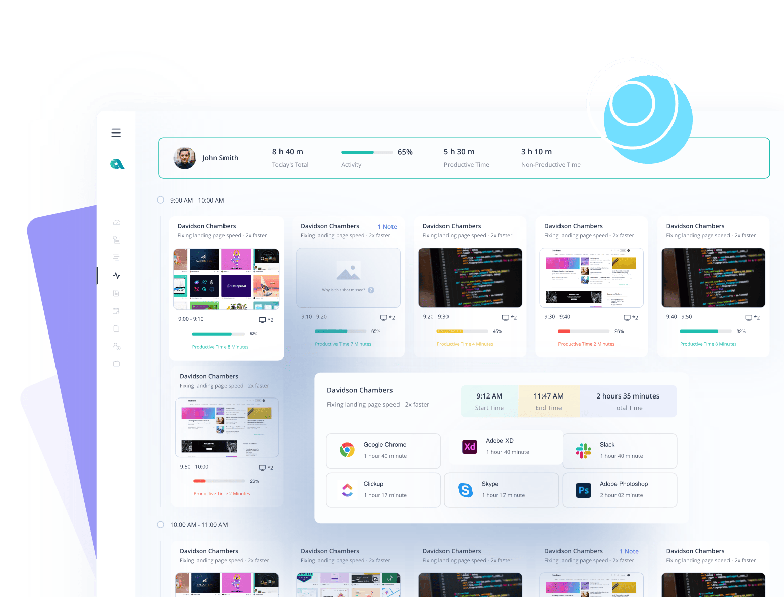  A digital productivity dashboard displaying tracked work activities, time spent, and app usage analytics.