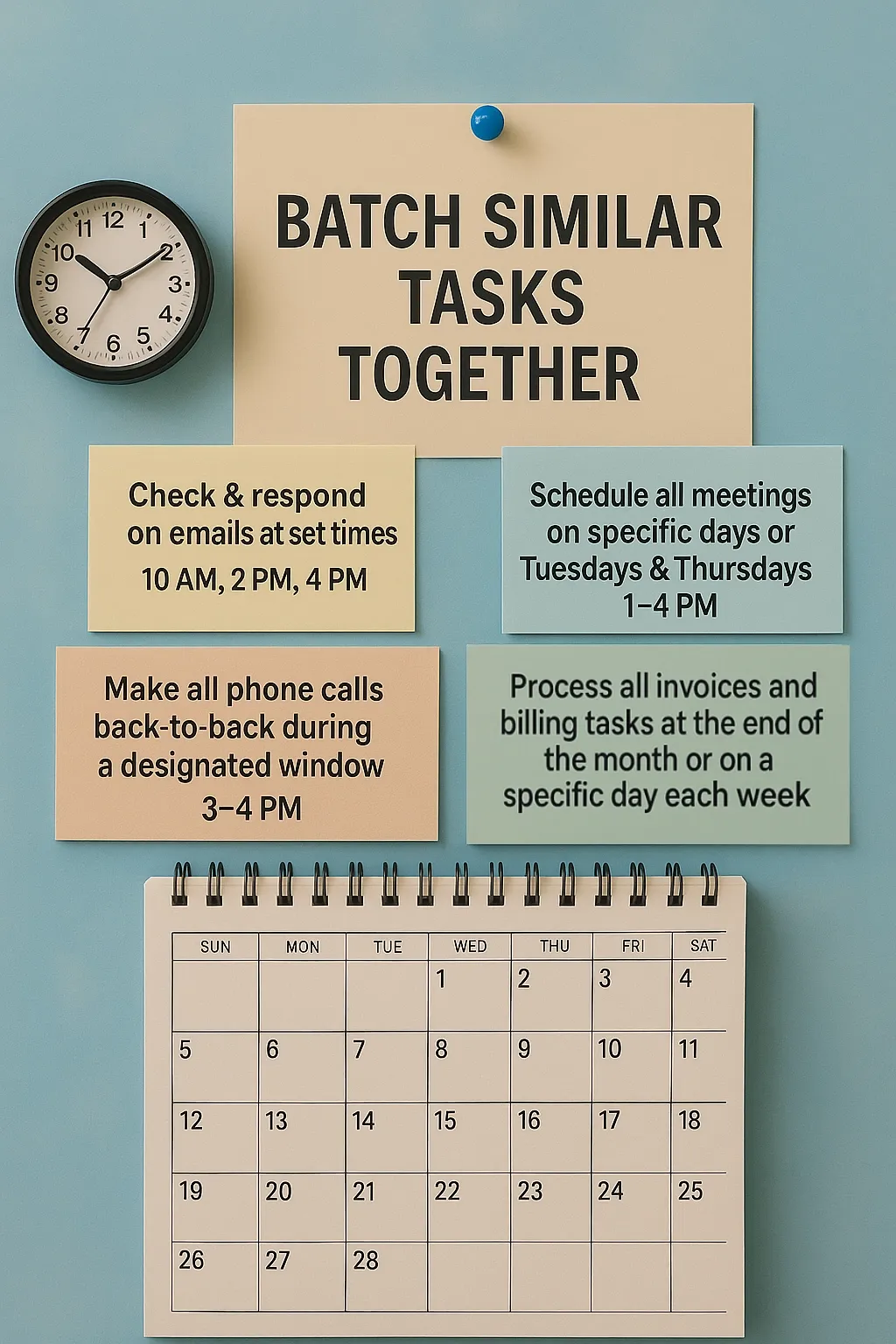 Bulletin board showing time-blocking tips like batching emails, calls, meetings, and invoices.
