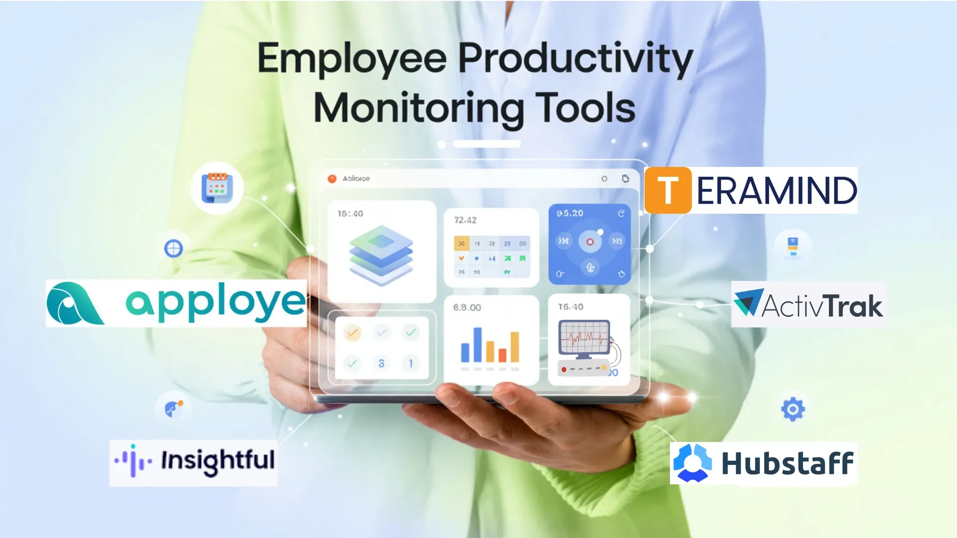 Hands holding a tablet with logos of employee monitoring tools like Apploye, Hubstaff, and Teramind.