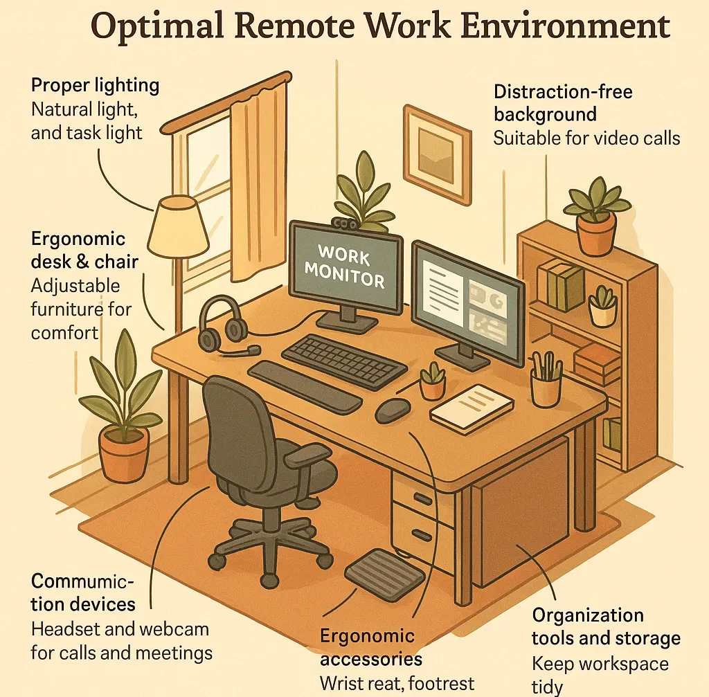 Isometric home office with ergonomic setup, dual monitors, plants, and labeled elements.