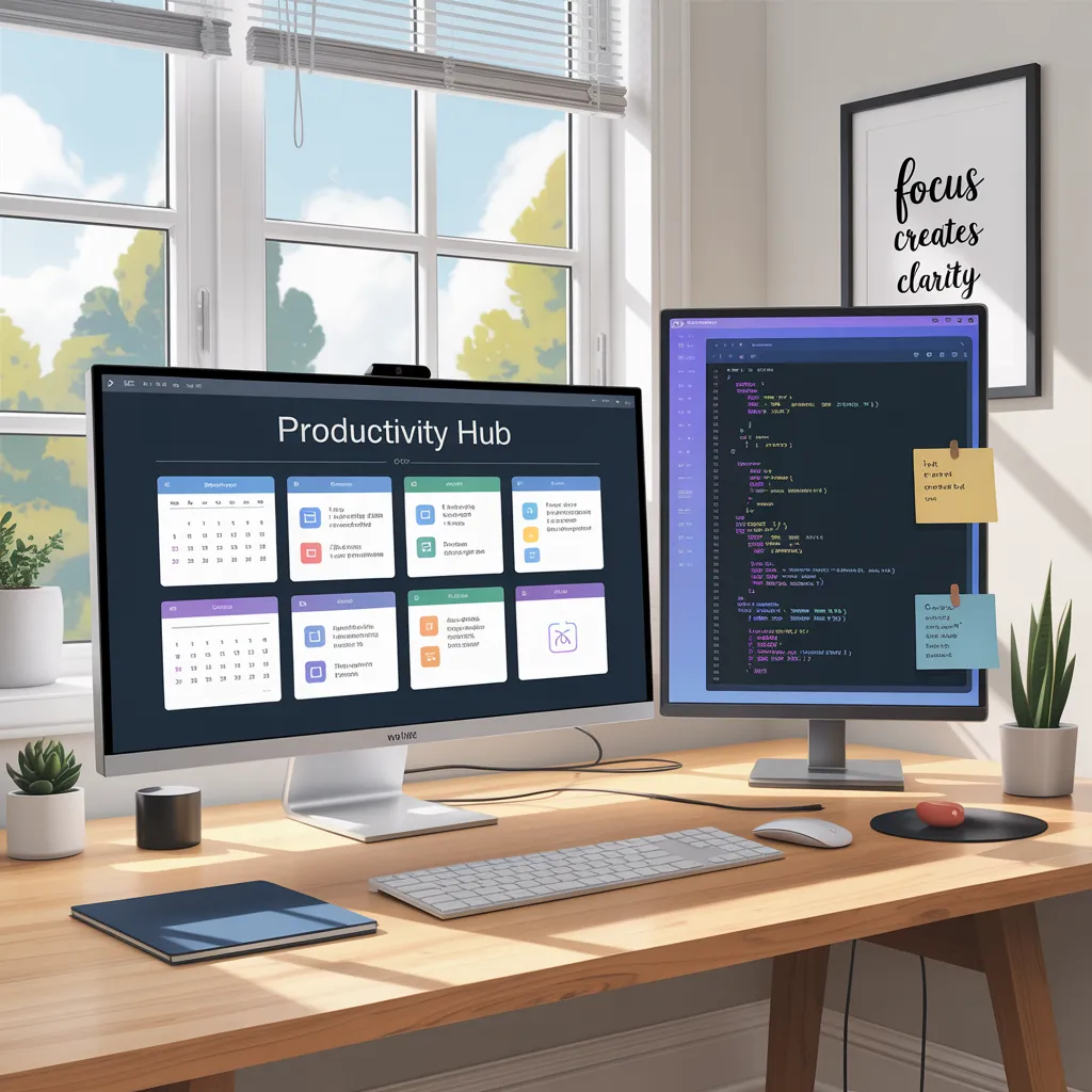 Optimized digital workspace with dual monitors and tidy desk.