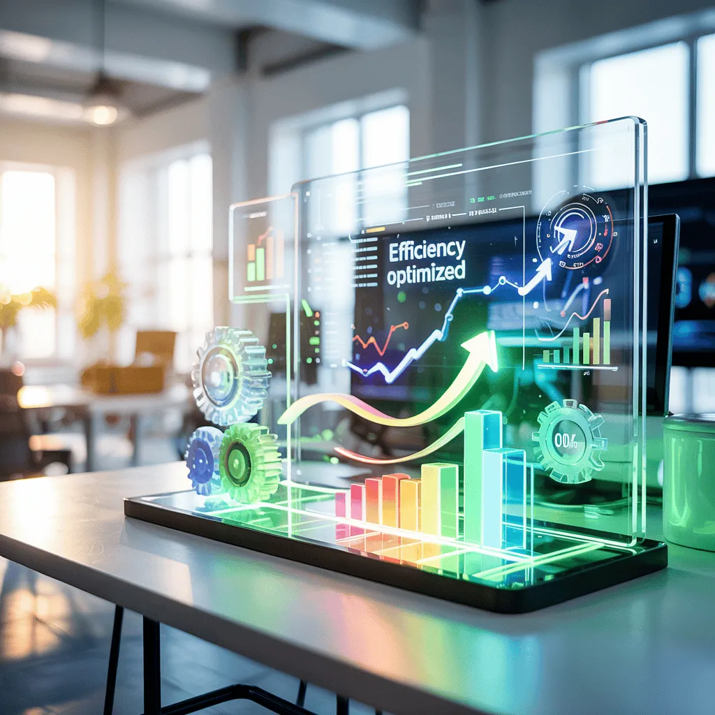 Futuristic office display showing "Efficiency optimized" with colorful charts and gears.