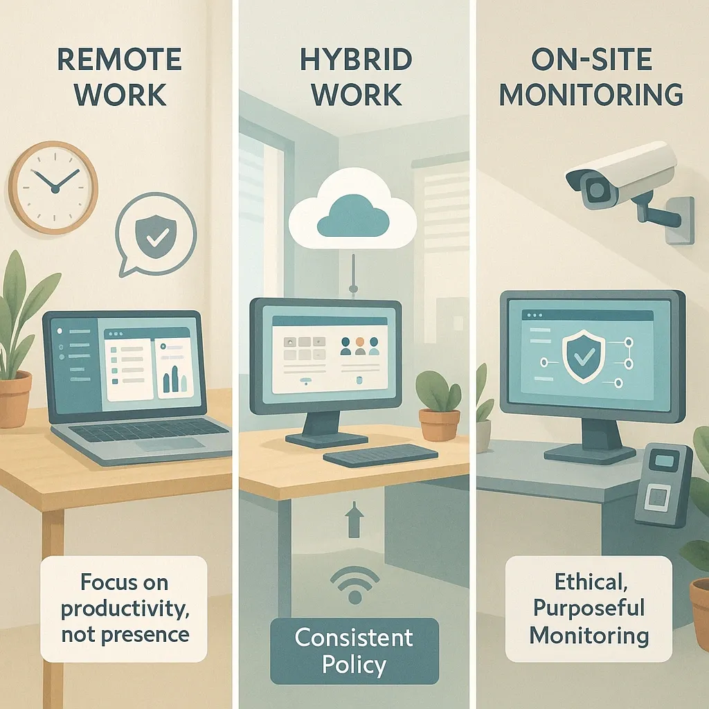 Divided image showing remote, hybrid, and on-site workspaces with ethical monitoring tools.