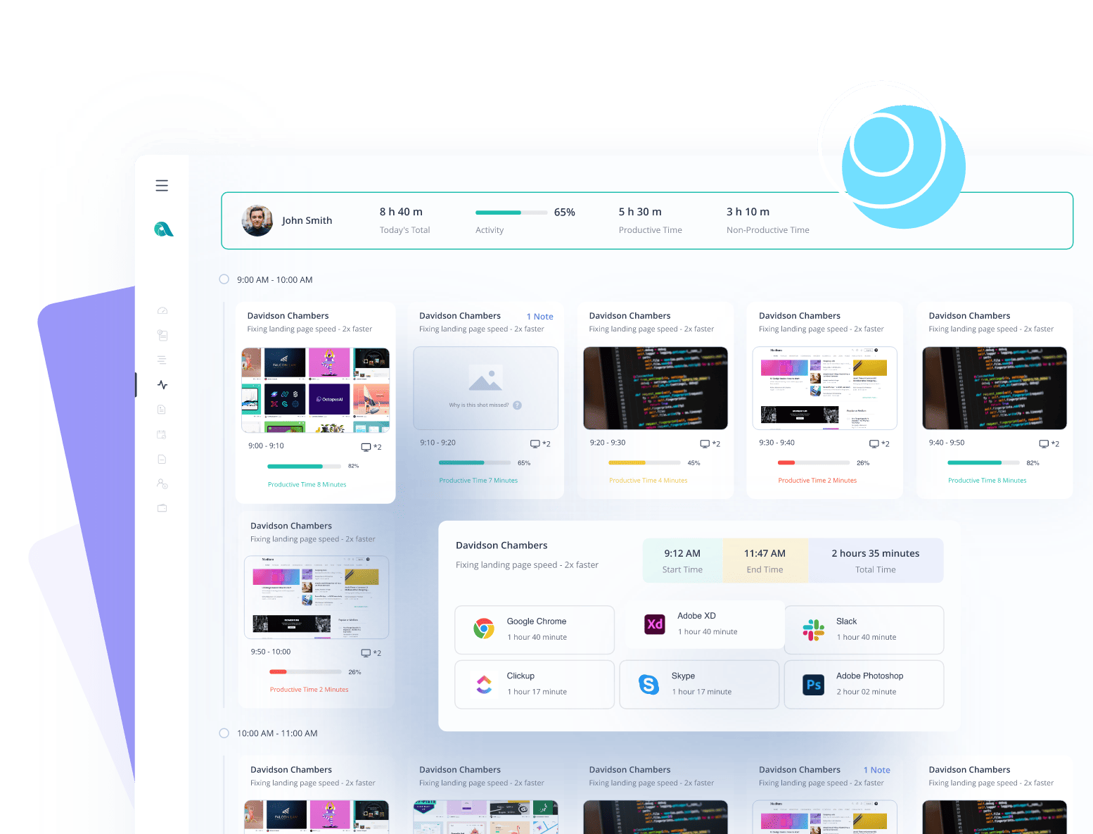Time tracking dashboard showing user activity, screenshots, app usage, and productivity metrics.