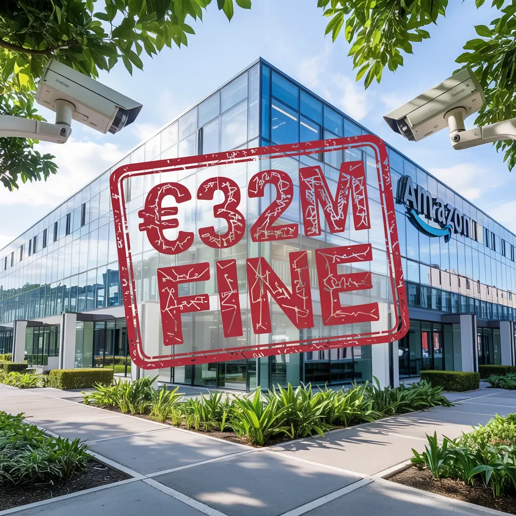 Modern warehouse with surveillance cameras and a red "€32M Fine" stamp under clear skies.