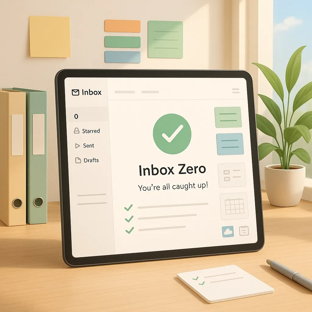 Clean digital workspace showing inbox zero on screen, with organized tools and uplifting background.