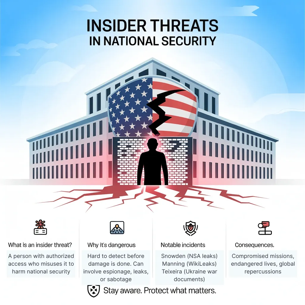 Infographic on insider threats in national security with icons of data leaks and secure systems.