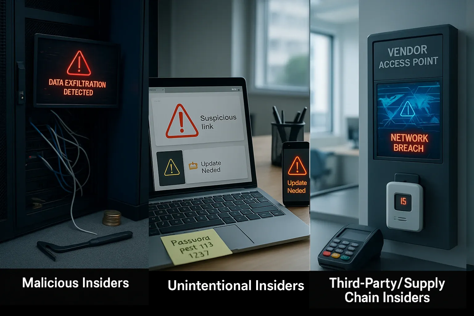 Three-part image showing insider threat types: malicious, accidental, and third-party breaches.