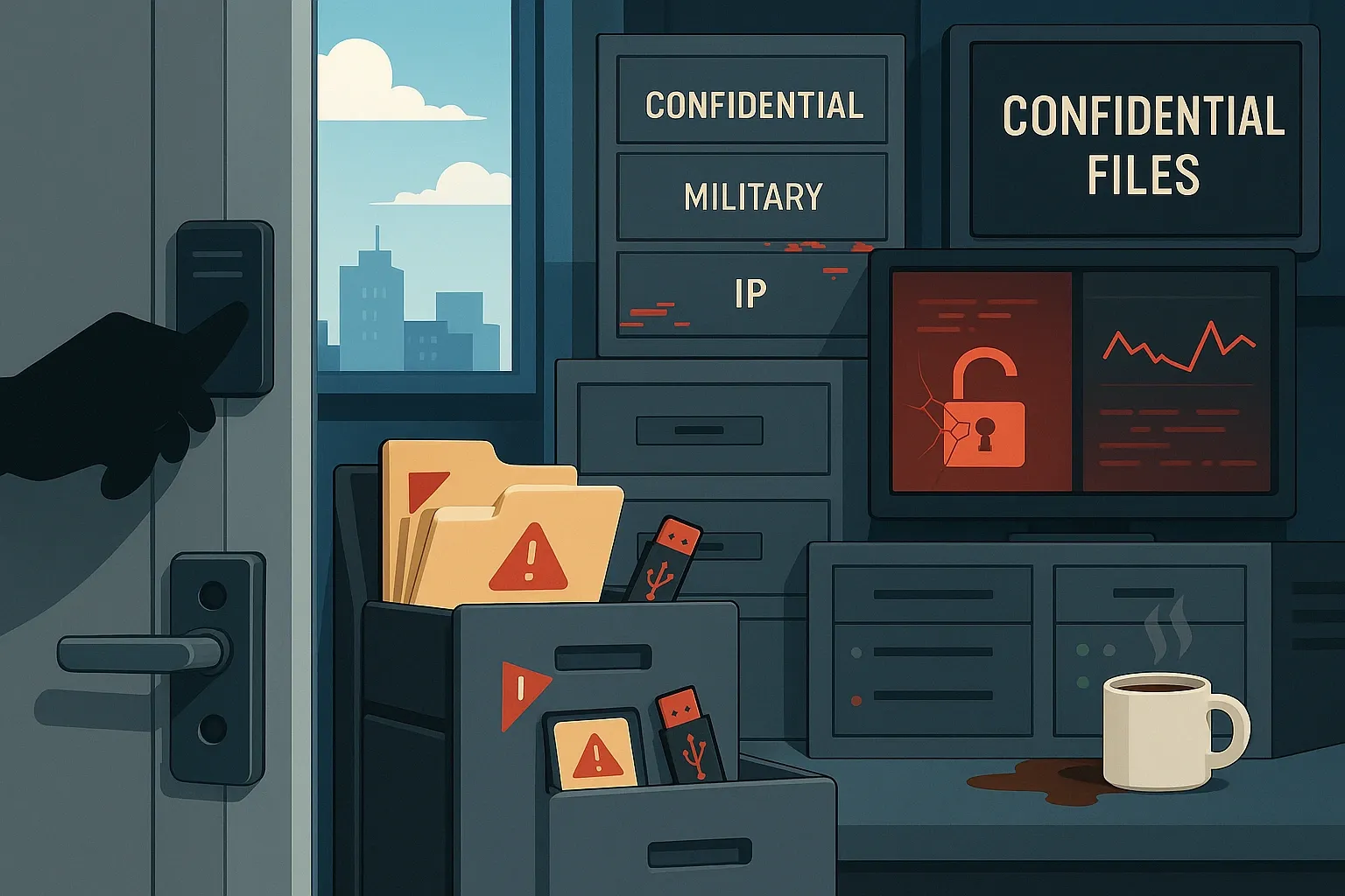 Secure office with data breach symbols, hinting at insider threats and hidden vulnerabilities.