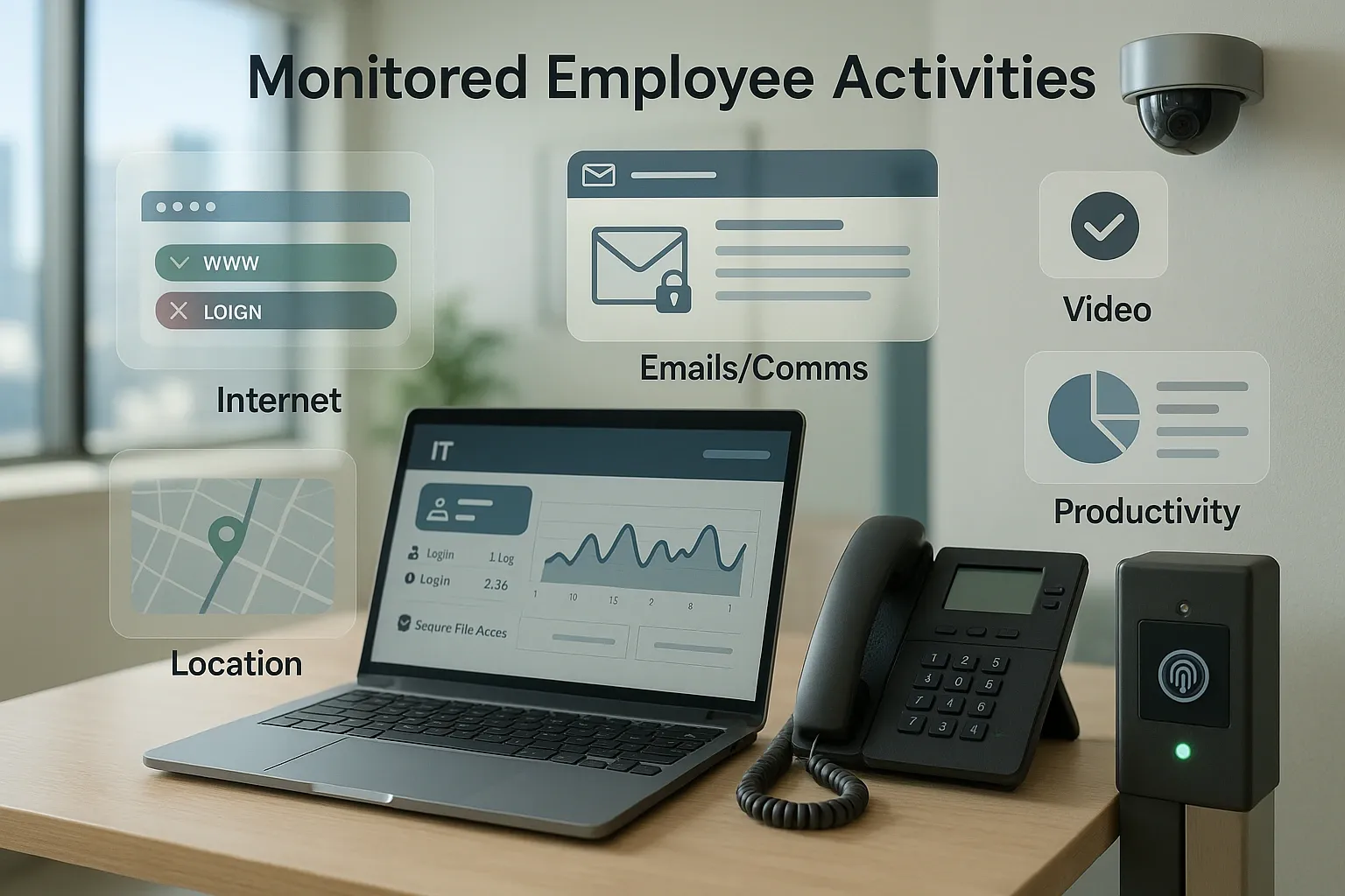Digital dashboard showing secure, ethical employee activity monitoring in a modern workplace.