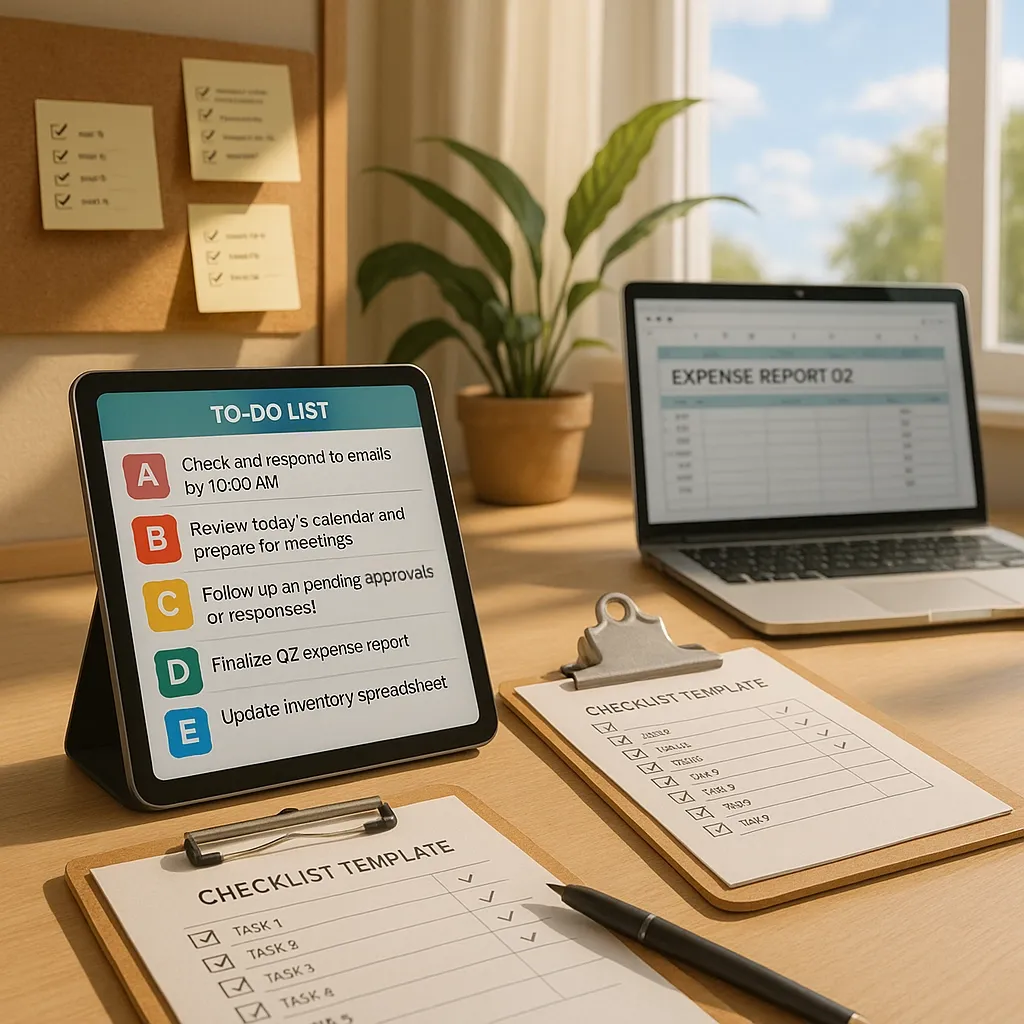 Organized desk with digital to-do list, checklist template, and open inventory spreadsheet.
