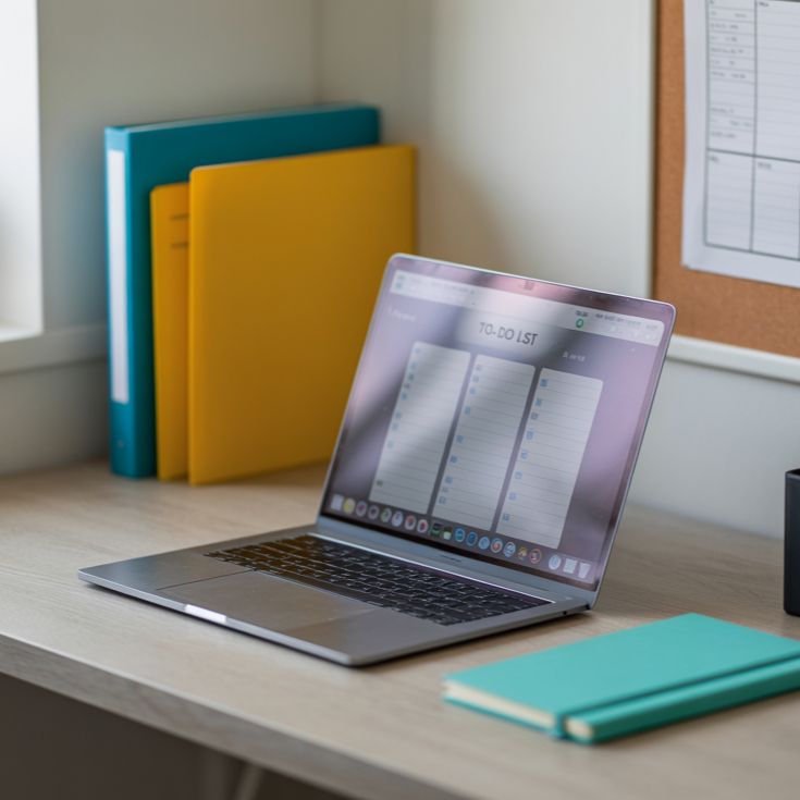 Clean, modern office desk with laptop, plant, and sunlight streaming through large windows.