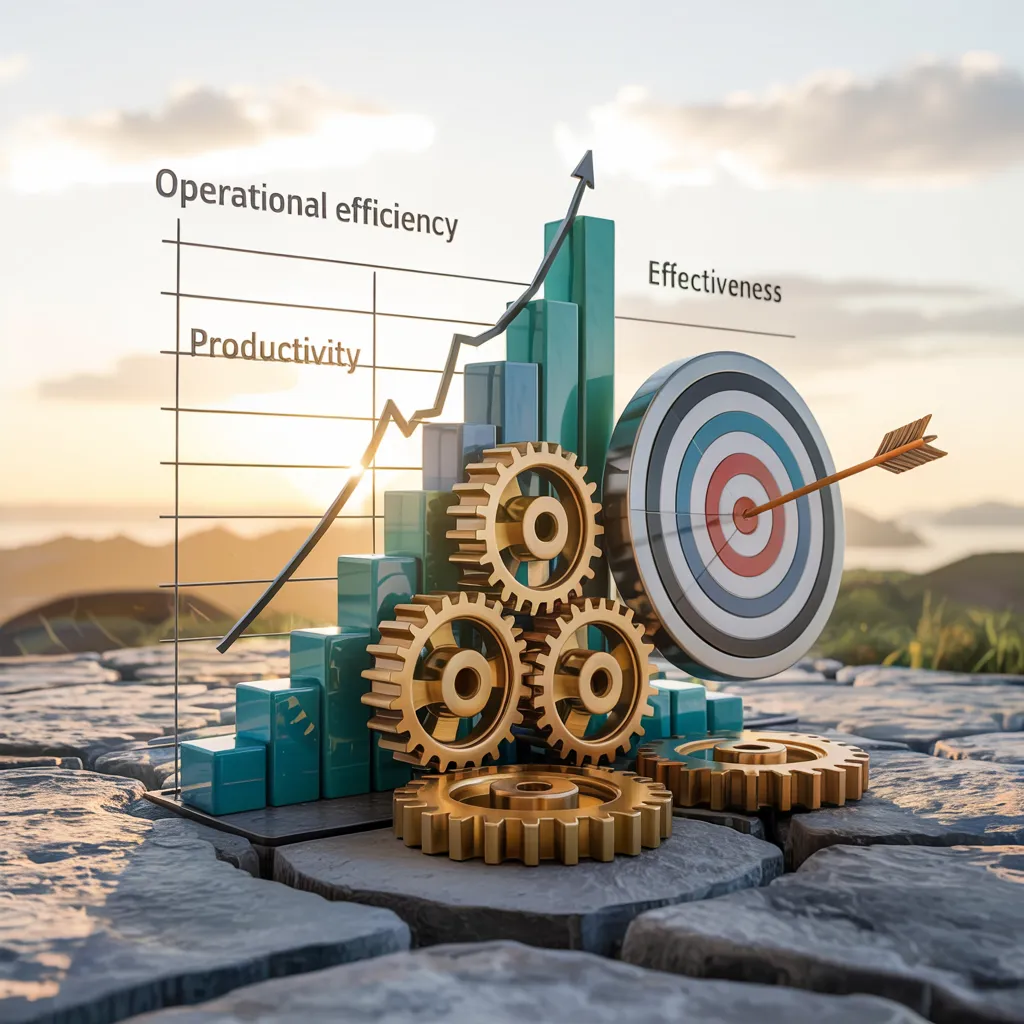 Bar chart with gears and target symbolizes productivity, efficiency, and effectiveness