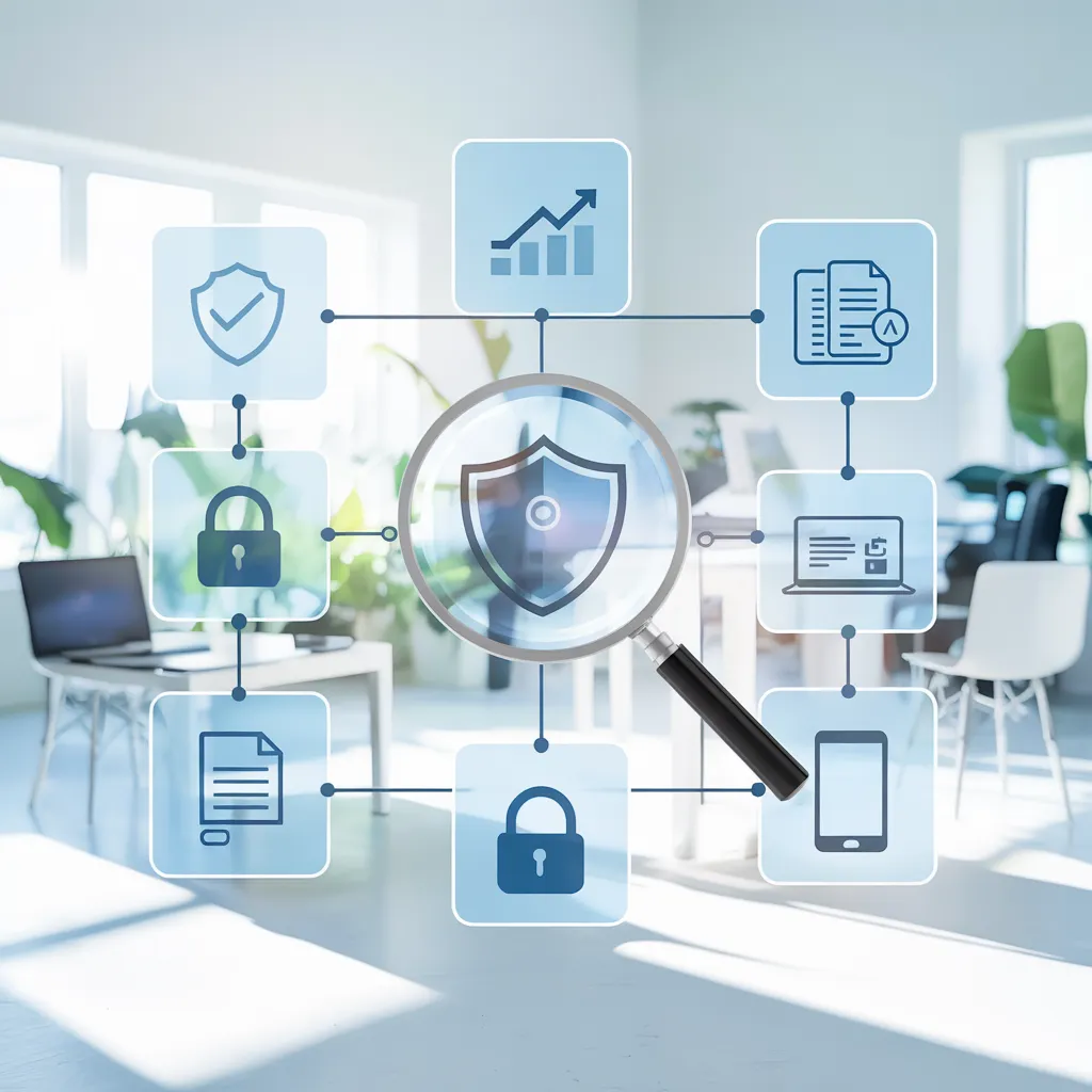 Digital security icons over office background with shield icon under magnifying glass.