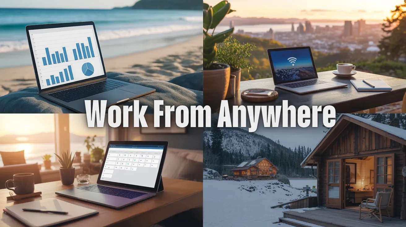 Remote workspaces in beach, city, home, and cabin settings with laptops and scenic views.