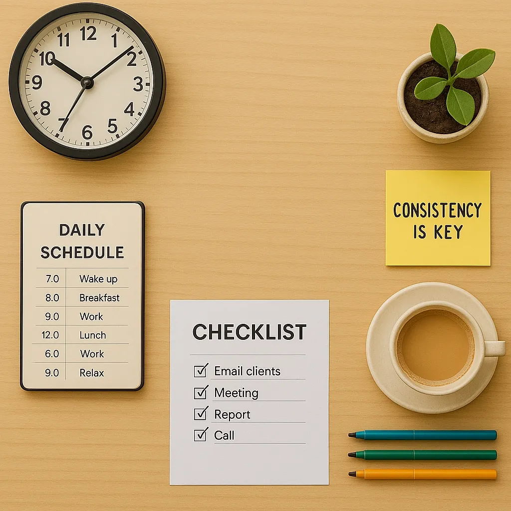 Organized desk with planner, checklist, clock, and sunlight symbolizing daily routine.