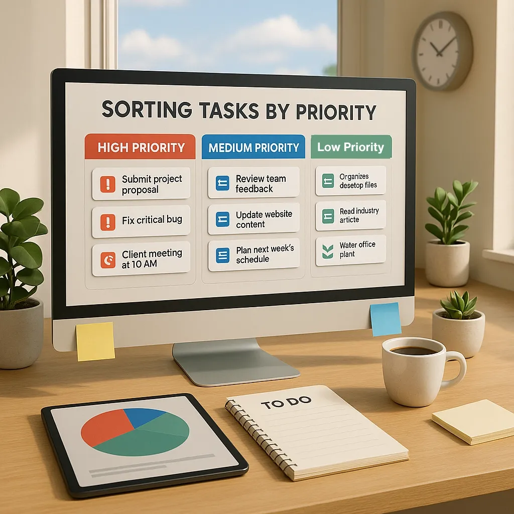 Organized desk with priority board sorting tasks into High, Medium, and Low categories.