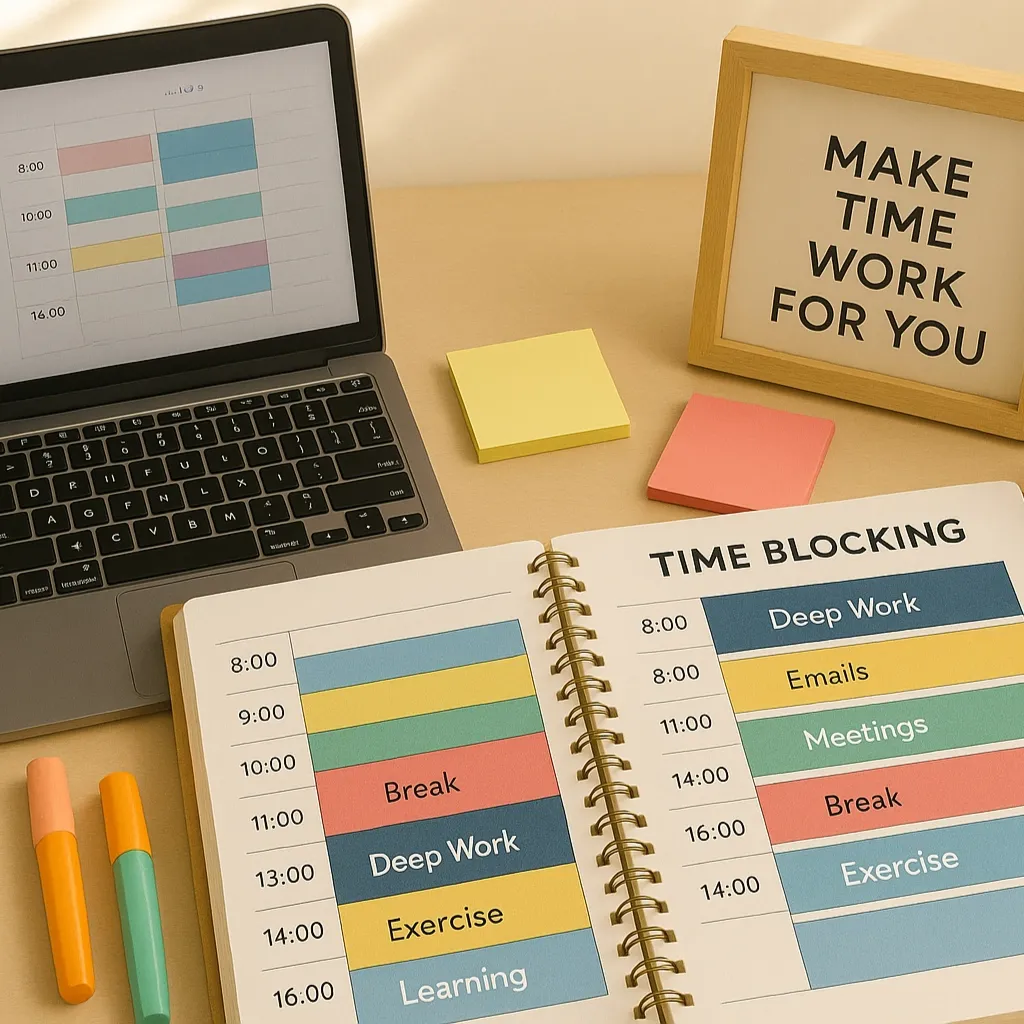 Flat-lay of a color-coded daily planner with time blocks on a sunlit, organized workspace.