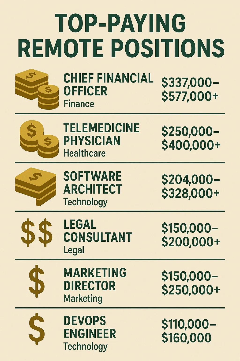 Infographic showing top-paying remote jobs with roles, industries, and salary ranges.