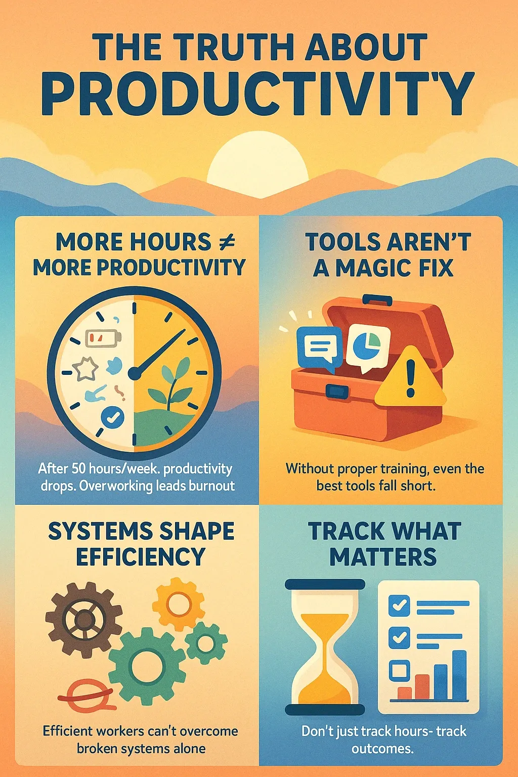 Infographic with four panels debunking productivity myths.