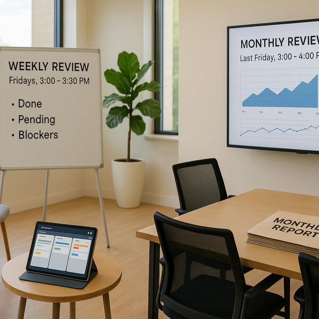 Modern office setup with charts, reports, and review boards for team planning and updates.