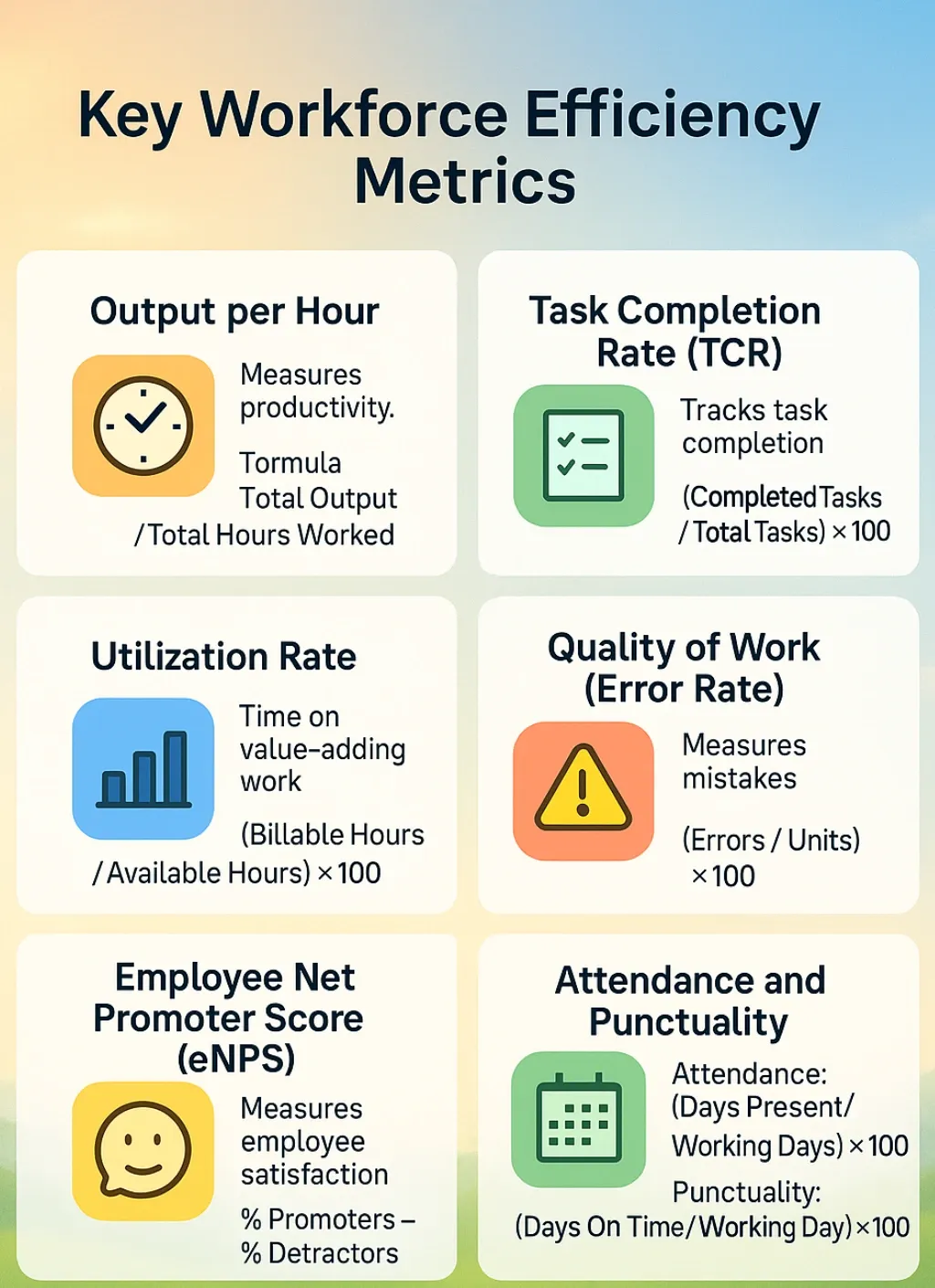 Chart listing key workforce efficiency metrics with icons and formulas.