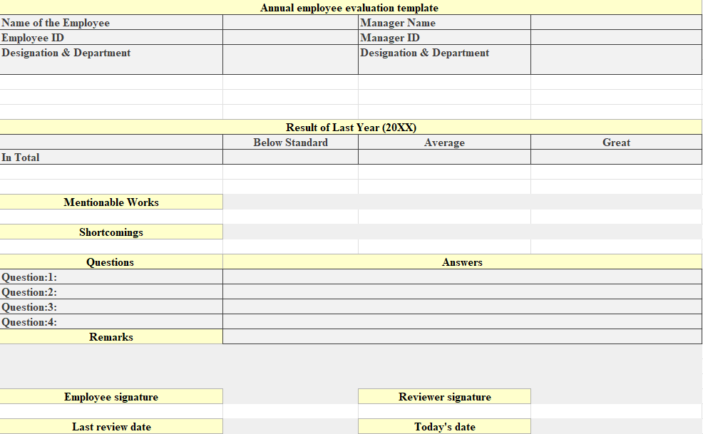 Annual employee evaluation template in Google Sheets.