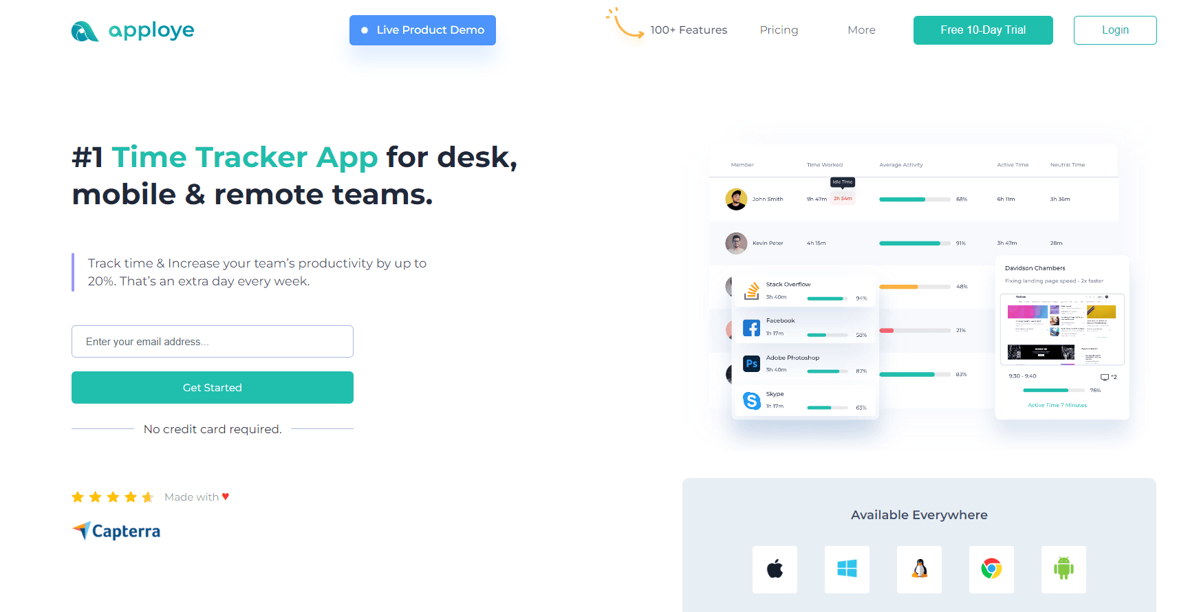 Apploye time tracking software login page with activity tracking and compatible platforms.