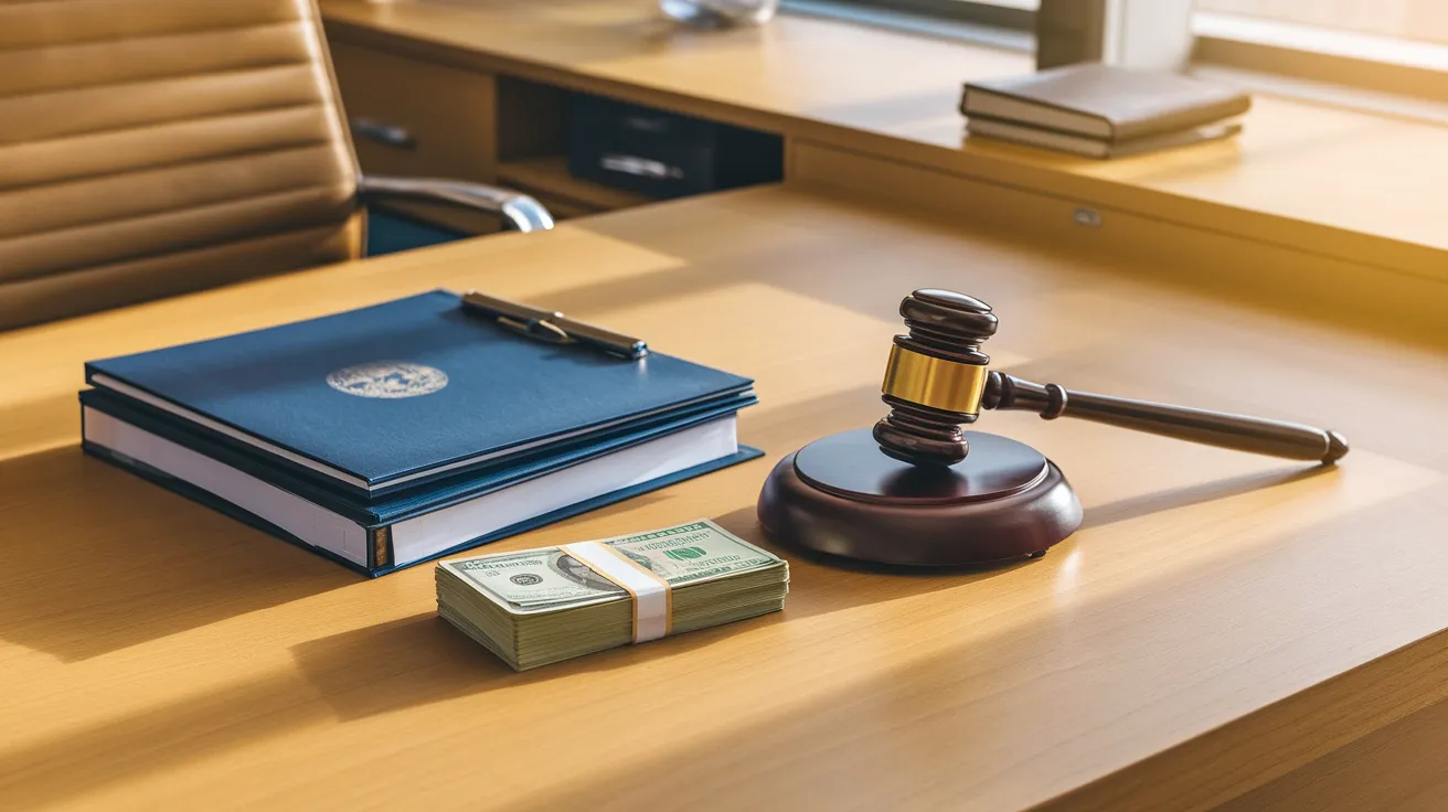 A desk with legal documents and a gavel beside a cash-filled envelope, symbolizing job legality ambiguity.