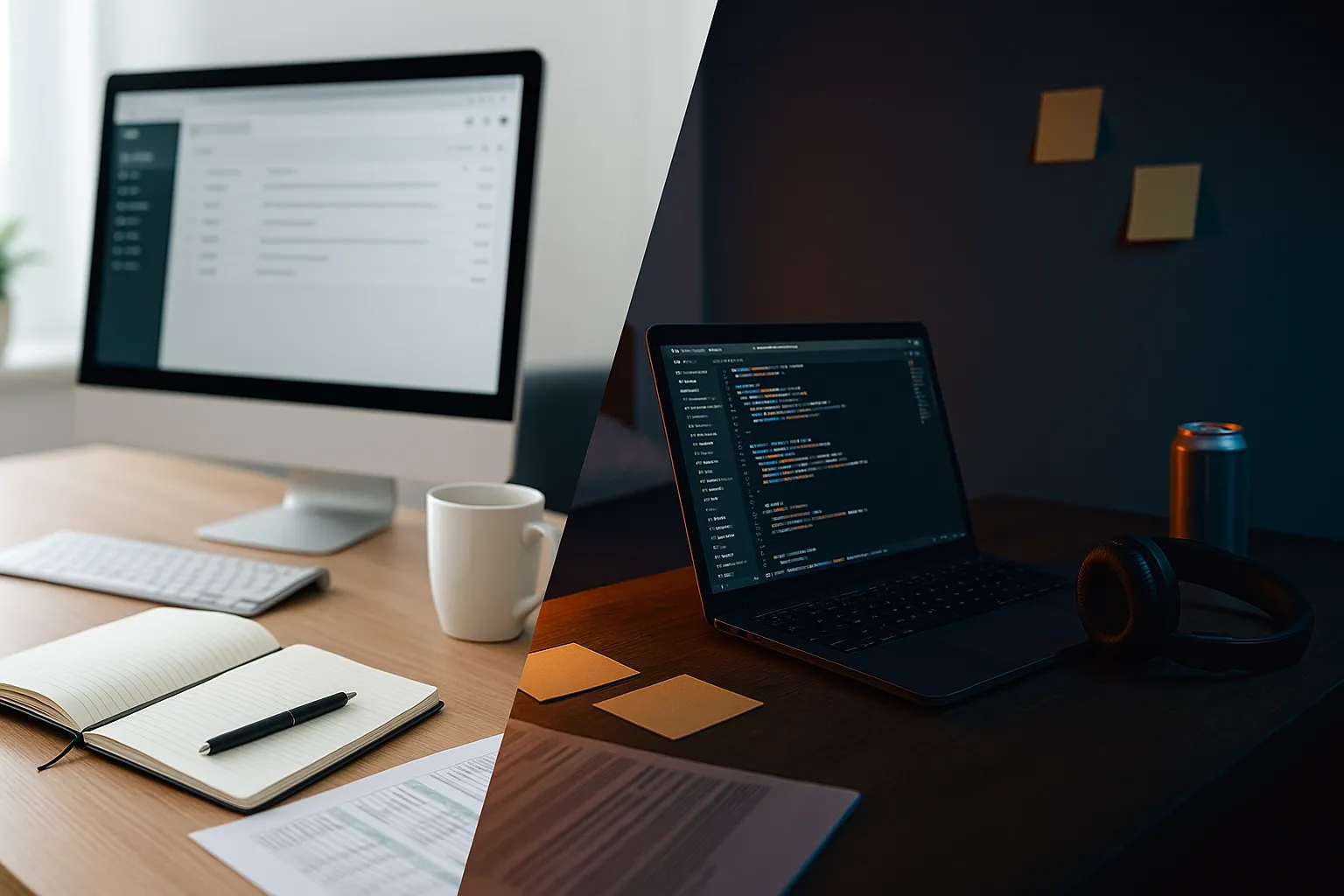 Split of day and night desks showing office work and moonlighting setups.