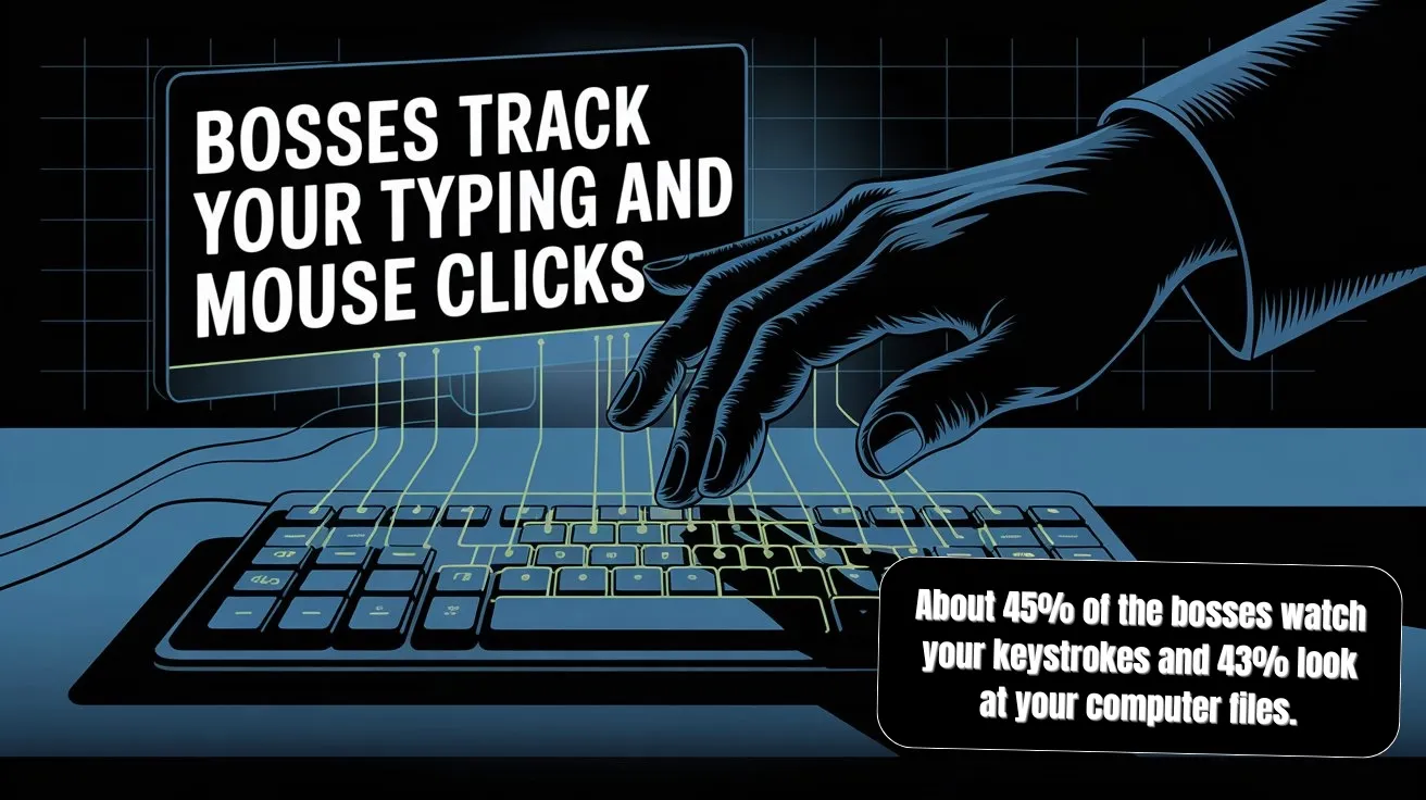 Illustration of a hand on a keyboard with text stating bosses track keystrokes and computer files.