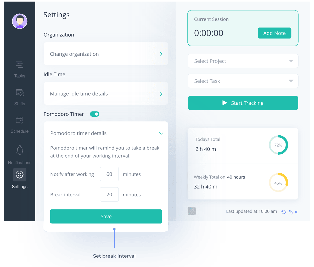 Settings screen with Pomodoro timer options and time tracking dashboard.