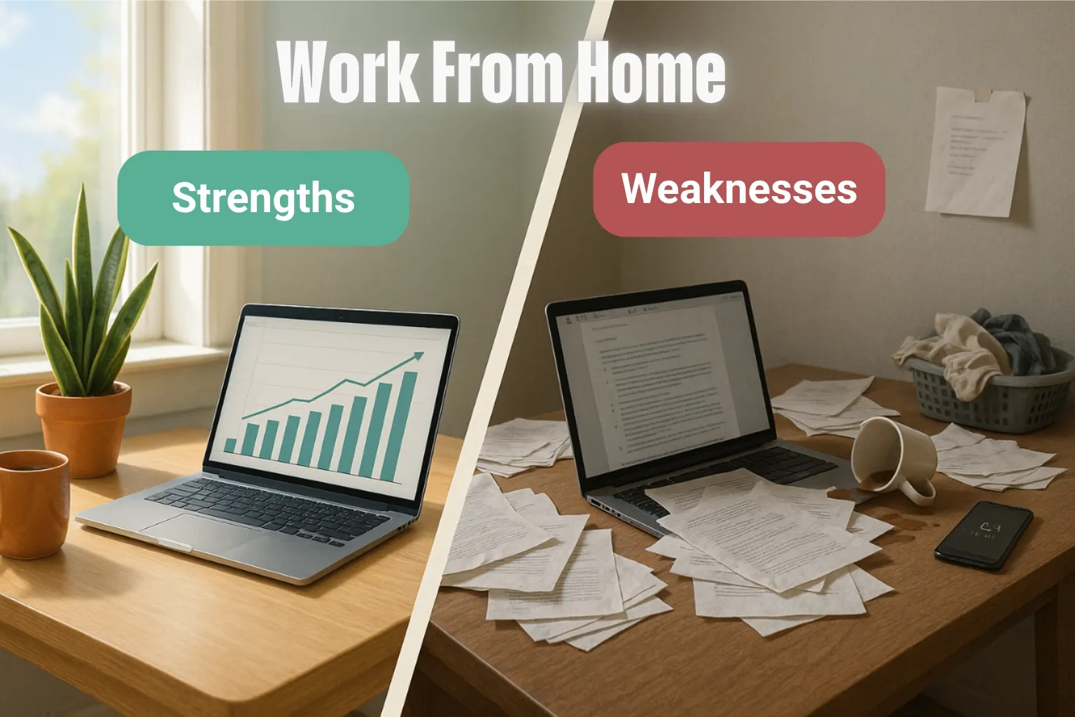 Split image showing tidy vs messy home offices labeled ‘Strengths’ and ‘Weaknesses’ of remote work.