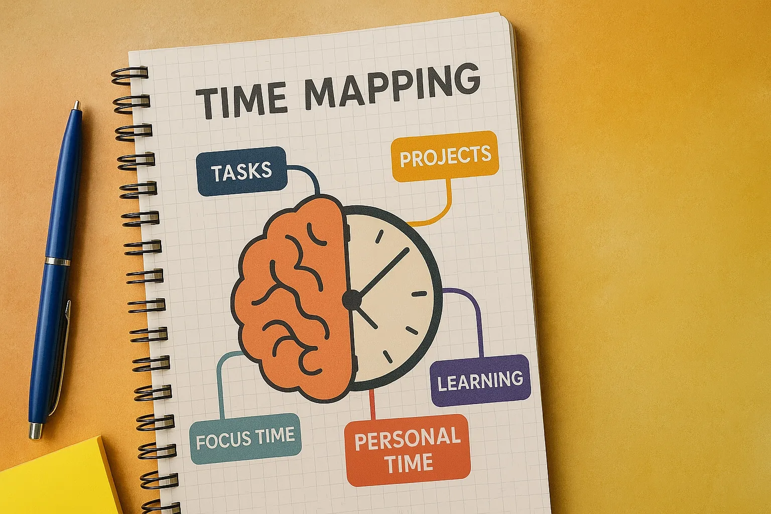 Notebook with brain-clock diagram labeled ‘Time Mapping’ and time category tags.