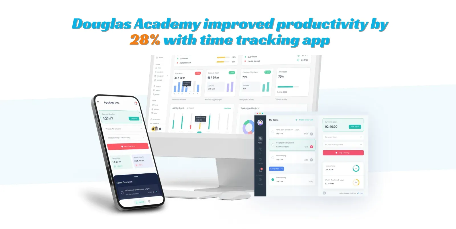 Phone and computer screens show time tracking app used by Douglas Academy to boost productivity.