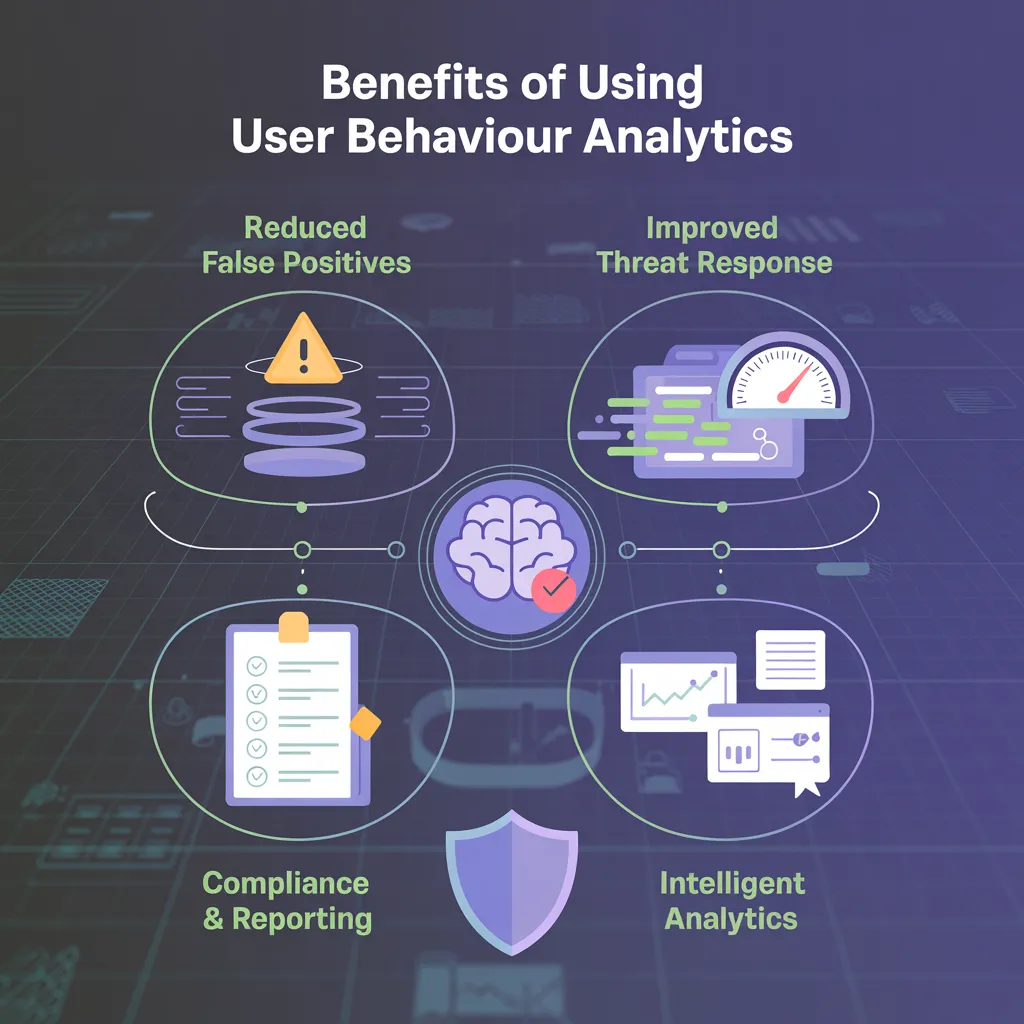  Infographic showing UBA benefits: fewer false positives, faster response, better compliance.