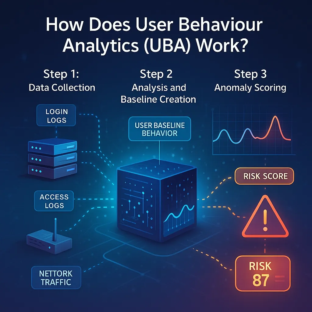  UBA process infographic showing data collection, behavior analysis, and anomaly risk scoring.