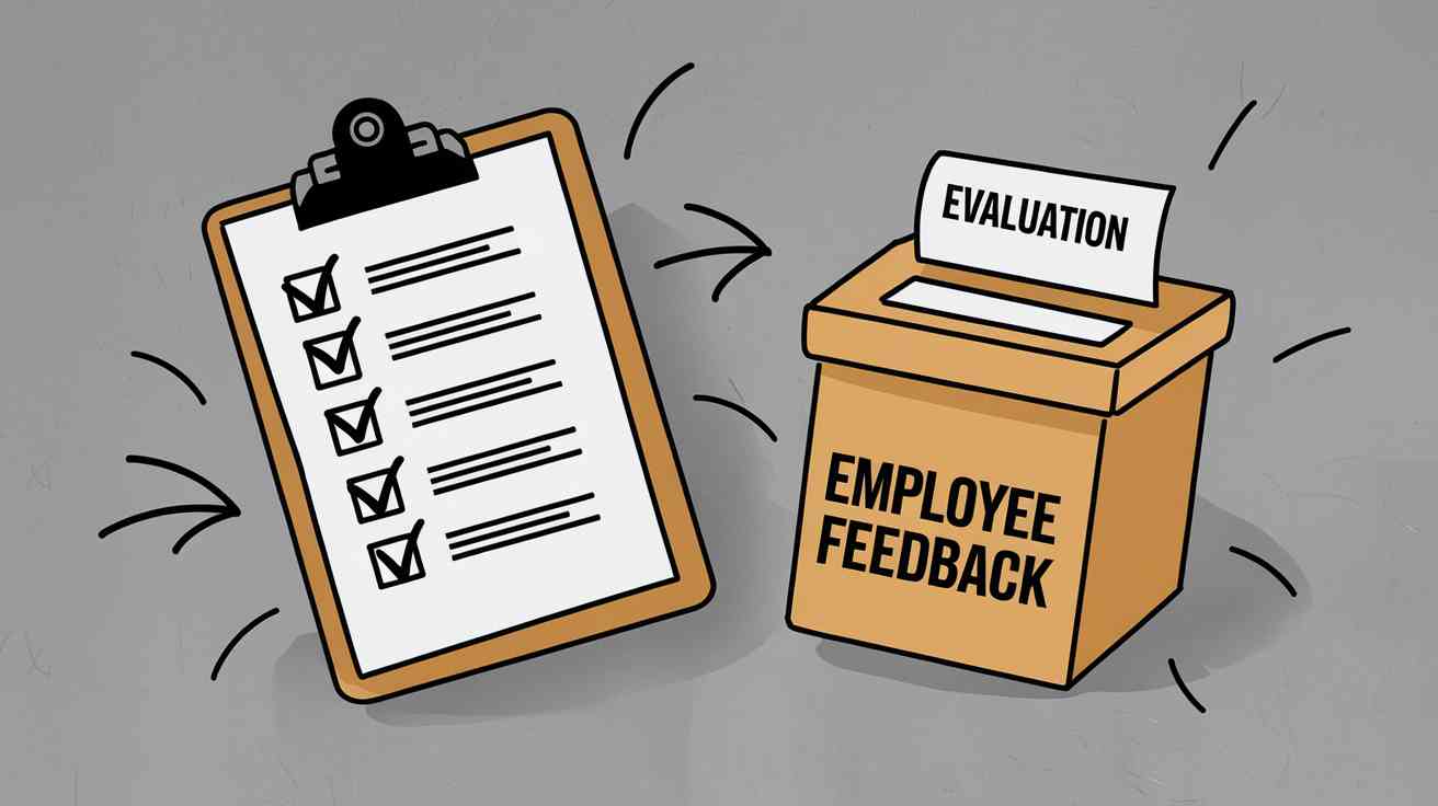 Clipboard checklist and a feedback box labeled ‘Employee Feedback’ with an ‘Evaluation’ form.