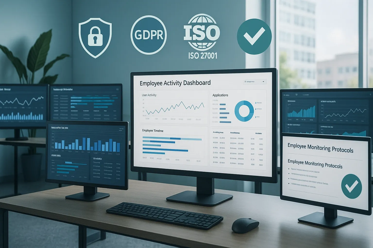 Modern office with screens showing employee dashboards, compliance icons, and data charts.