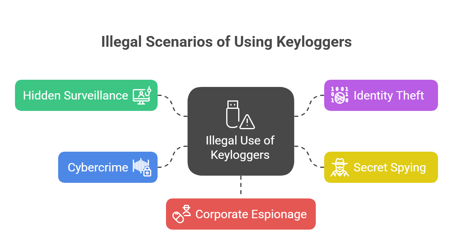 Diagram listing illegal keylogger uses like spying, cybercrime, ID theft, and corporate espionage.