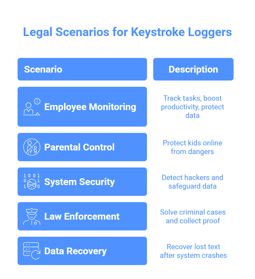 Chart showing five legal uses of keystroke loggers, including monitoring, security, and recovery.