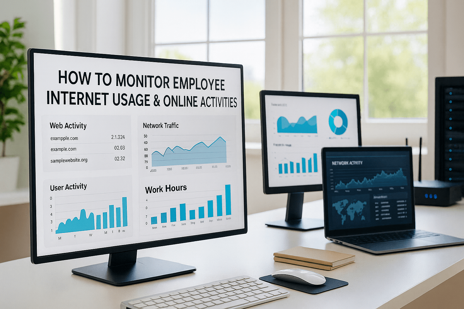 Office monitors displaying web activity, network traffic, user activity, and work hours data.