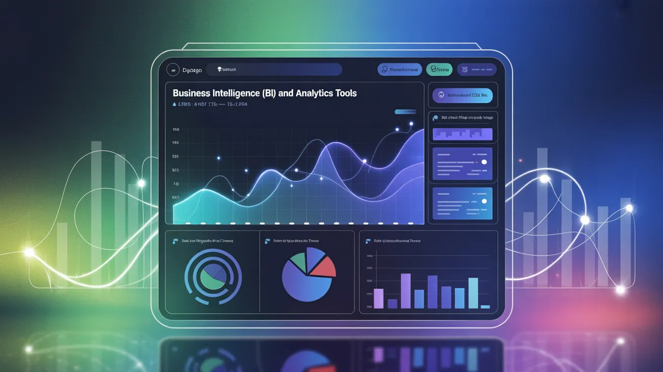 Digital BI dashboards with charts, graphs, and data streams showing analytics insights.