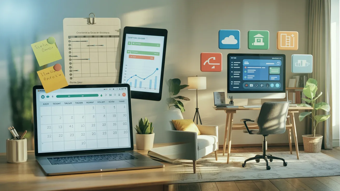 A modern hybrid workspace with digital tools, a calendar, sticky notes, and floating icons representing cloud storage and project tracking