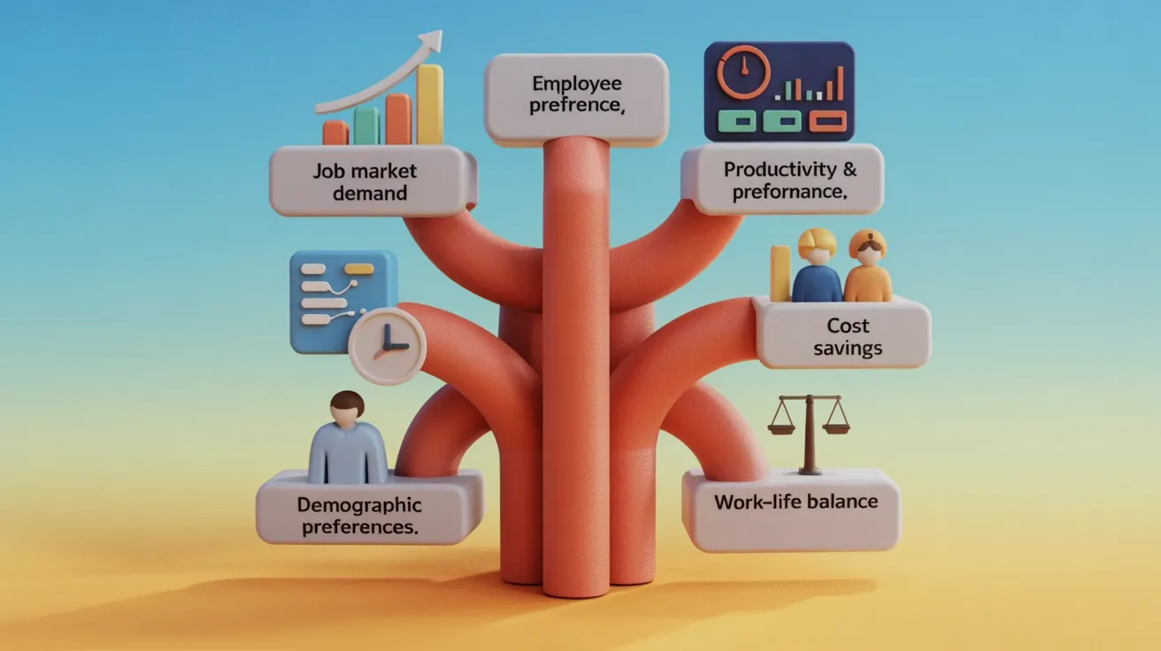 3D tree diagram showing factors like job demand, cost savings, and work-life balance
