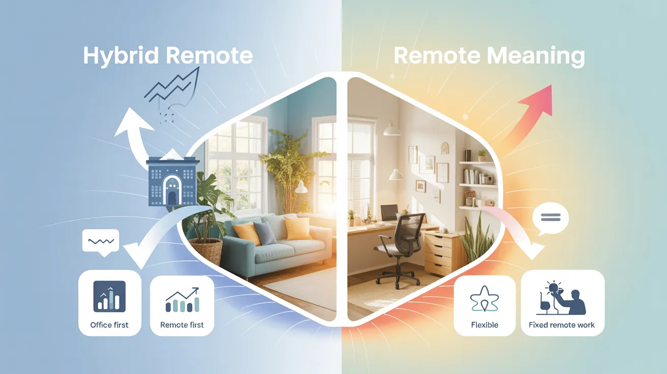 Graphic comparing hybrid remote and remote work setups with icons and arrows