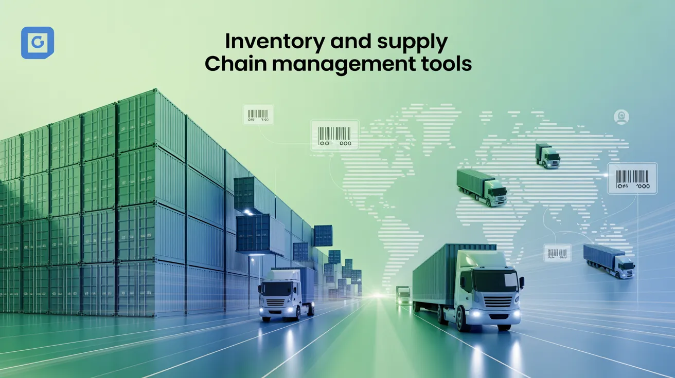 Digital supply chain with warehouses, cargo routes, and inventory tracking icons.
