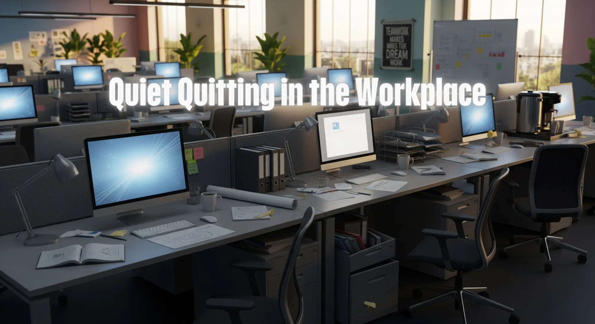 An office with cluttered desks, computers, and papers, representing that employees are quiet quitting.