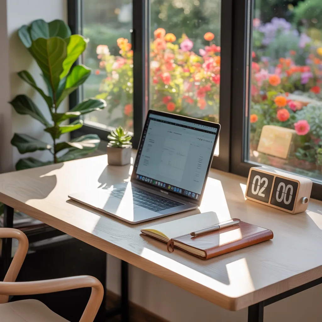 A tidy, uplifting workspace with a 2-minute timer, laptop, and natural light for focus.